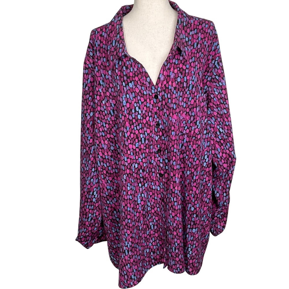 Catherines Blouse Women 5X‎ 34/36W Purple Blue Long Sleeve Collar Tunic Boho